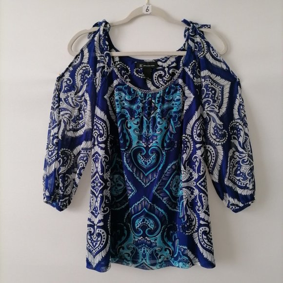 INC International Concepts Womens Blue Cold Shoulder Paisley Boho Top Size M - Picture 1 of 6